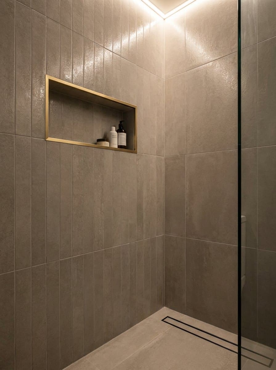 Finished shower corner in large format porcelain with a brass trimmed niche