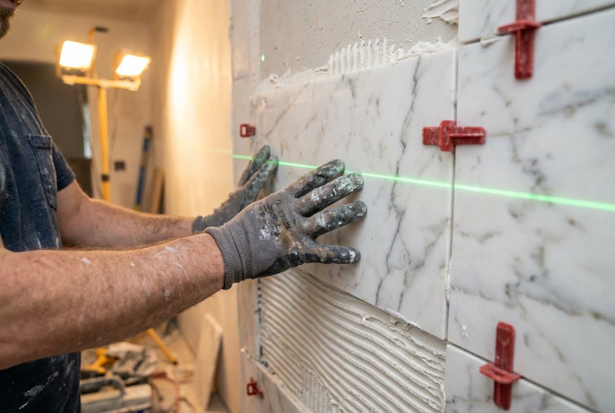 Gloved hands pressing a large format marble tile into combed thinset