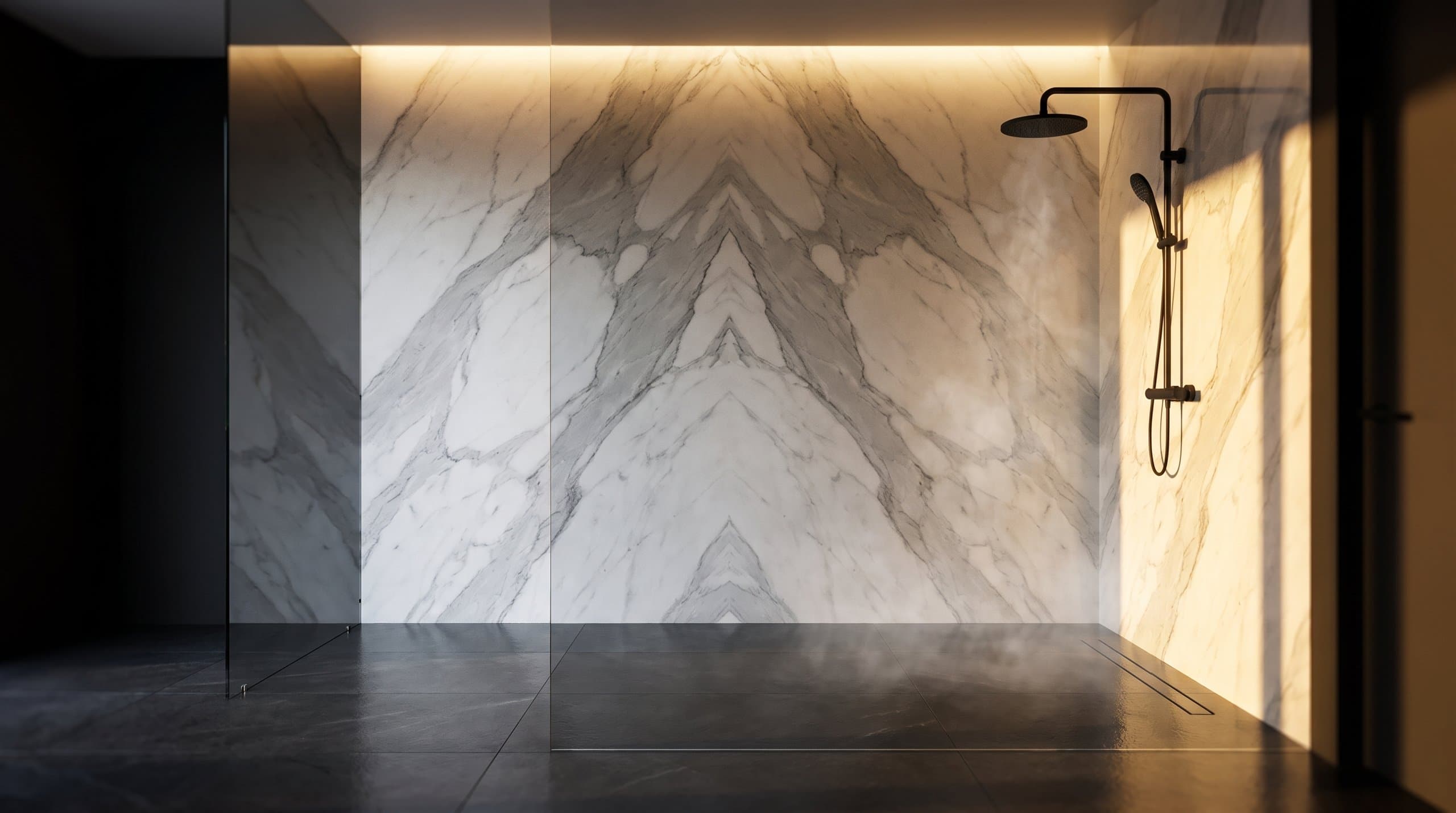 Walk-in shower finished in book-matched Calacatta marble with a linear drain